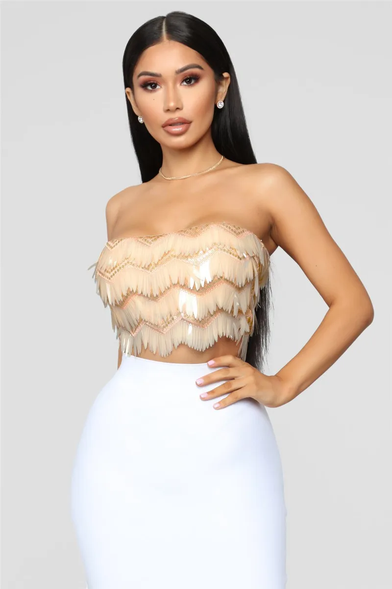 Sexy Strapless Sequins Tank Top Women Off The Shoulder Sleeveless Club Glitter Top Fashion Summer Sequined Vest Crop Tops