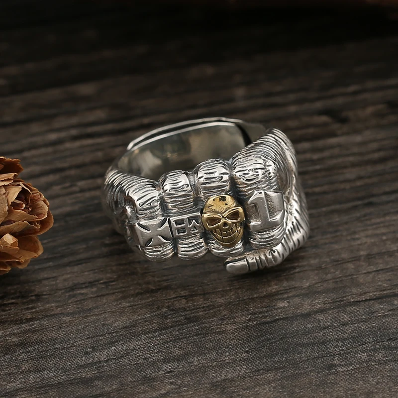 

S925 sterling silver old fist open ring domineering punk personality open ring