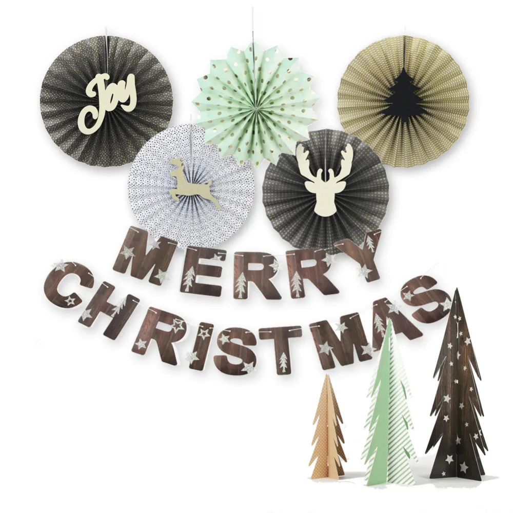 

9pcs/set Christmas Tree Table Centerpiece Banner Christmas Paper Decoration Kit Paper Fans Pinwheel Rosettes Christmas Decor
