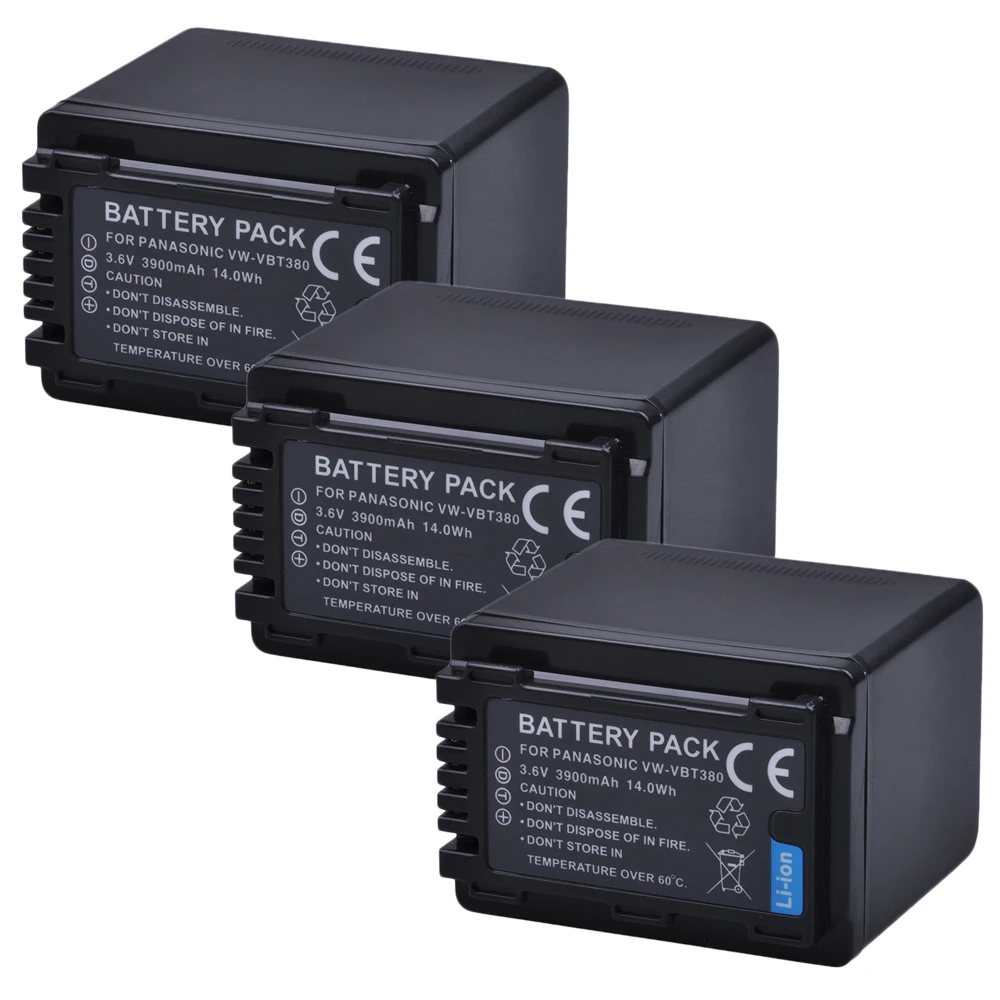 

3x 3900mAh VW-VBT380 VBT380 VW-VBT190 Li-ion Battery for Panasonic HC-V110, HC-V130, HC-V160, HC-V180, HC-V201, HC-V250, HC-V260