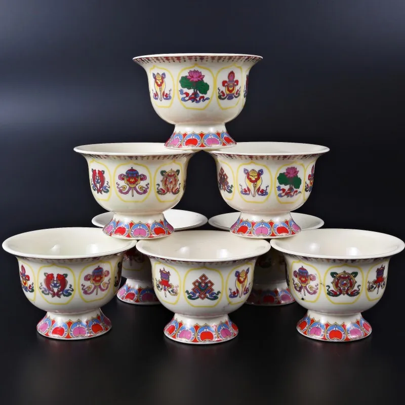 

Cermaic Water Offering Cups Candle Holders With Pattern: The Eight Auspicious Symbols In Buddhism 7 Cups Per Set Buddha Supply