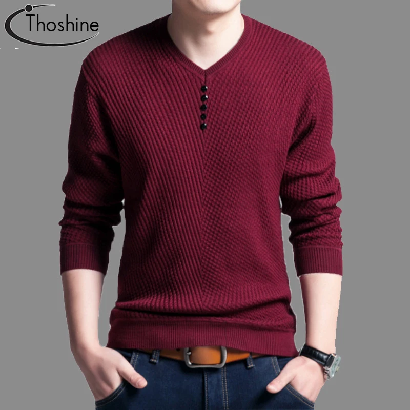 Thoshine العلامة التجارية الربيع الخريف نمط الرجال محبوك حك سترة رقيقة الخامس الرقبة أزرار الذكور عارضة البلوفرات الصلبة اللون أوم صداري