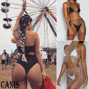 

Women Sexy Sequins Crystal Mesh Slim Mini Short Skirt Bodycon Summer Lace Fishnet Bikini Cover Up Swimwear Bathing Suit Beach
