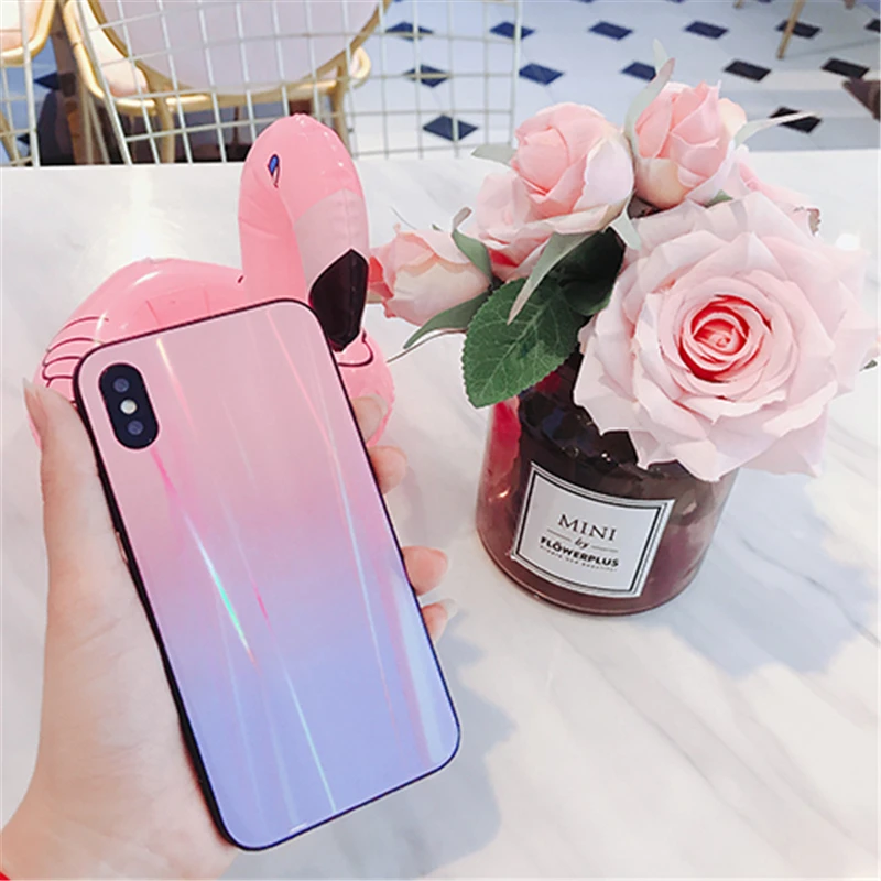 BONVAN For iPhone X 7 8 Plus Tempered Glass Back Case Gradient Color Laser Aurora Silicone Bumper For iPhone 7 6S 8 6 Plus Cover12