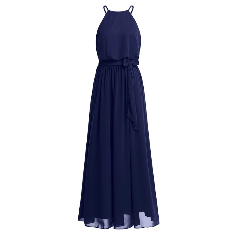 Vestido de Dama de Honra Festa de Casamento sem Mangas Vestido de Baile de Formatura Vestido de Comprimento Mulheres Senhoras Elegante Chiffon Longo Halter Completo 17 Mulheres senhoras elegante chiffon longo vestido de