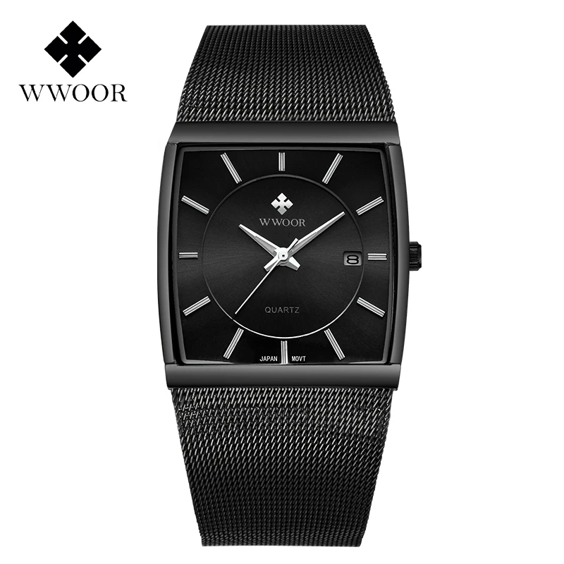 

WWOOR Top Brand Luxury Mens Square Quartz Watches Male Waterproof Date Clock Black Mesh Stainless Steel Wrist Watch For Men 2019