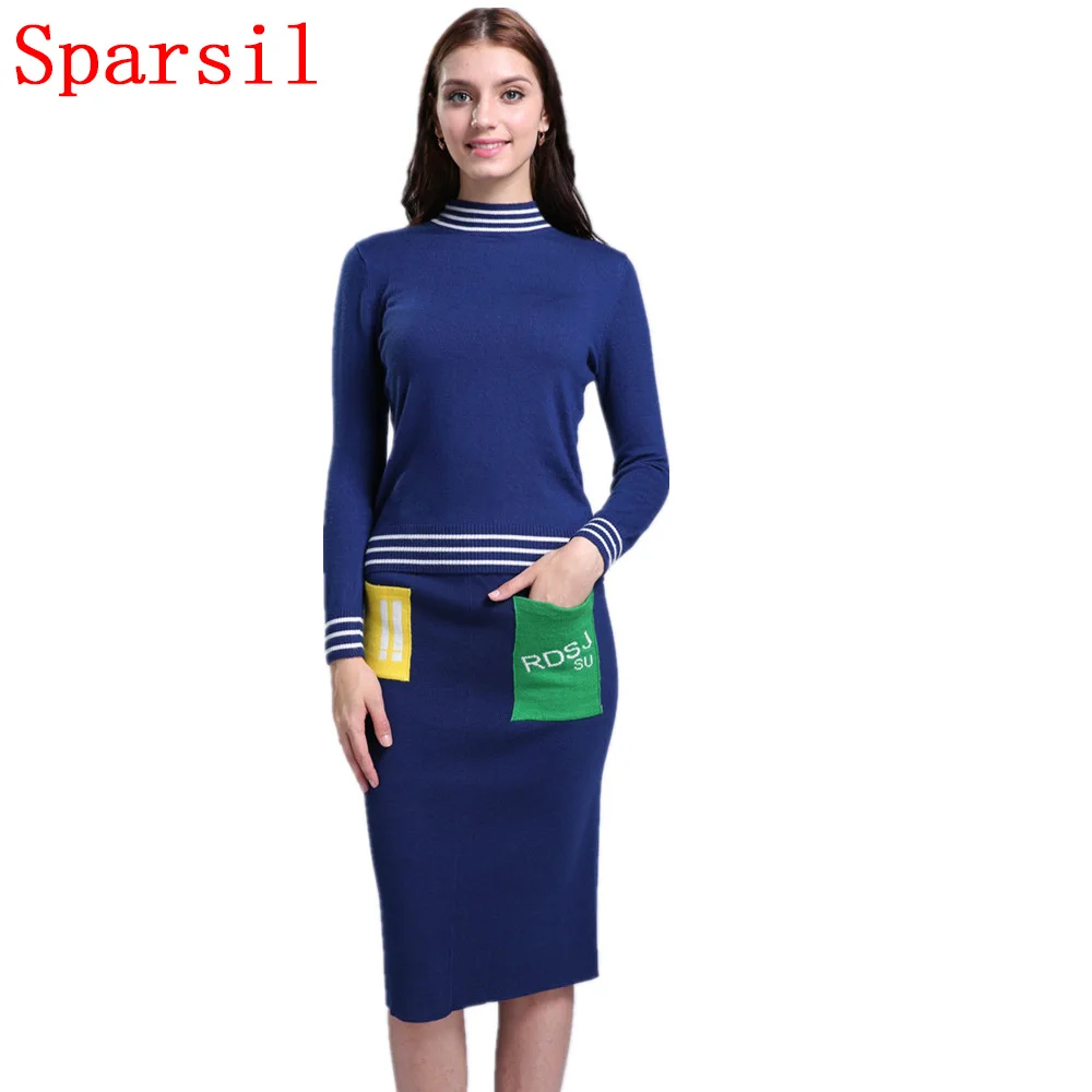 

Sparsil Women Autumn O-Neck Cashmere Blend Knitted Pullover Sweater +Slim Skirt/Set Winter Striped Style Knitwear Sweaters