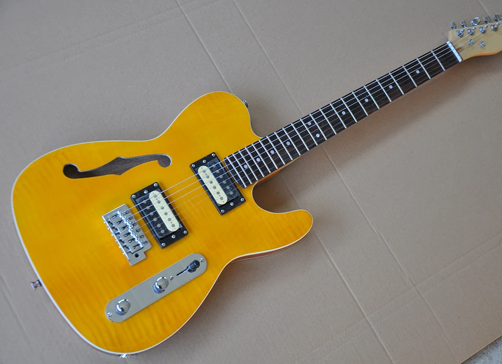 High Quality Semi hollow Yellow Electric Guitar with Flame Maple Veneer