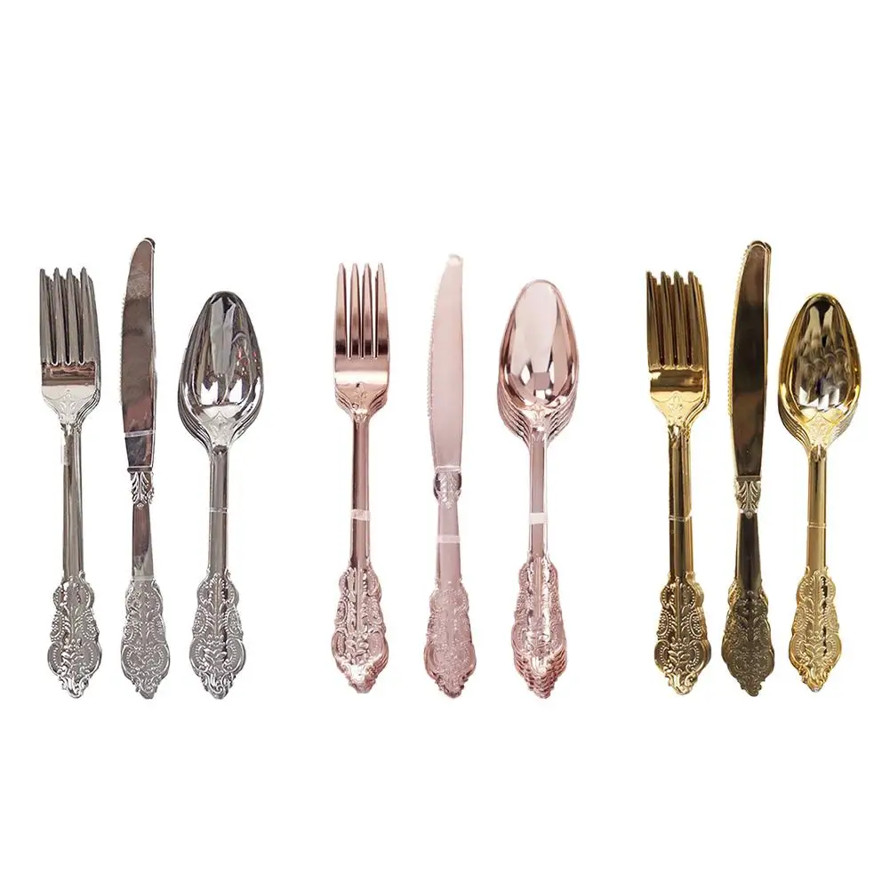 

18PCS Disposable Imitation Metal Plastic Gold Silver Carved Embossed Cutlery Western Wedding Party Tableware Set Dropshiping