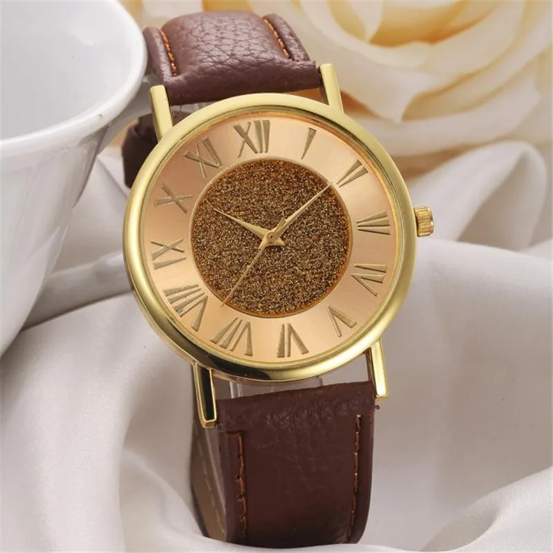 

New Fashion Women Glitter Roman numerals Dial Leather Band Analog Quartz Wrist Watch Retro Watches luxury Round Clocks Reloj B30