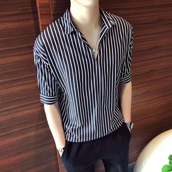

Loldeal Loose Thin Elastic Waist Men's Head V-neck Shirt Men's Casual Stripes