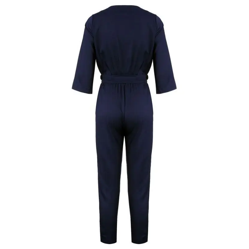 Solid Casual Jumpsuit Romper V-neck Three Quarter Sleeve Bodysuit Women Sashes V Neck Jumpsuit Elegant Calf-Length Pants 2019 Solid Casual Jumpsuit Romper V-neck Three Quarter Sleeve Bodysuit Women Sashes V Neck Jumpsuit Elegant Calf-Length Pants 2019