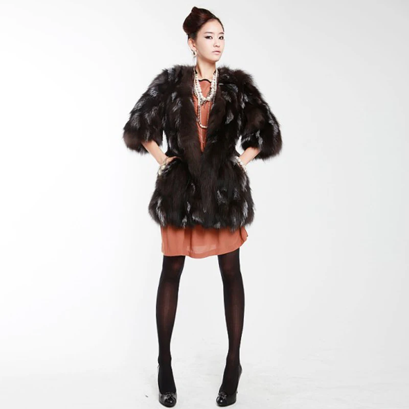 100% натуральное серебро Лисий мех длинное пальто женская трендовая куртка из