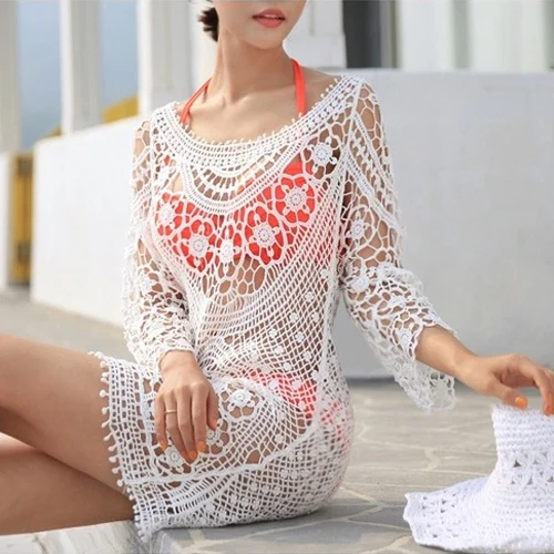 

SEWS Women Bathing Suit Sexy Crochet Bikini Swimwear Cover Up Beach Dress White