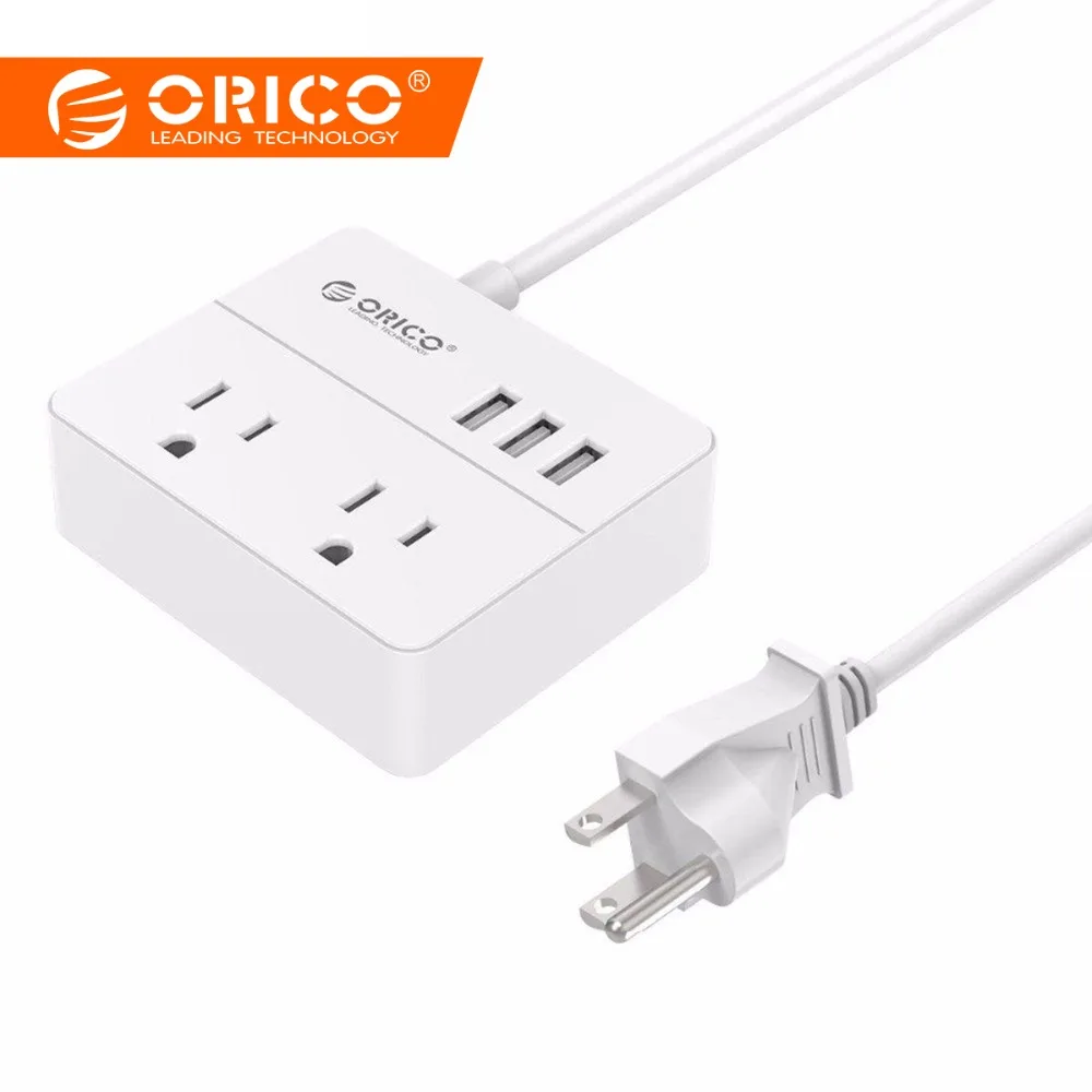 

ORICO Desktop Travel Power Strip with 2 Outlets and 15W 3 USB Charging Ports and a Built-in 3.3ft Cable White (OSP-2A3U-US-WH)