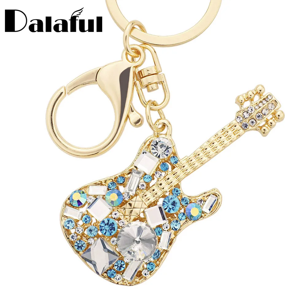 

Dalaful Unique Guitar Crystal Rhinestone Keychains Purse Bag Buckle HandBag Pendant For Car Keyrings Women Key Chains K255