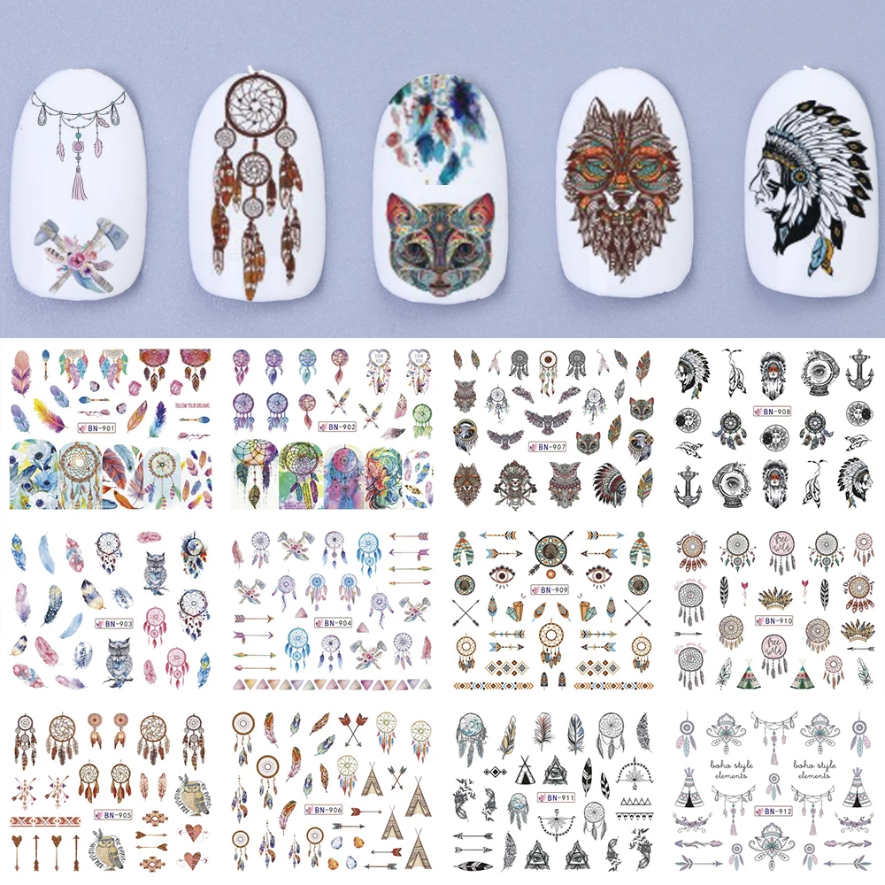 

12pcs/set Dreamcatcher Geometry Designs Nail Water Transfers Sticker Feather Manicure for Nail Art Decoration Slider TRBN901-912
