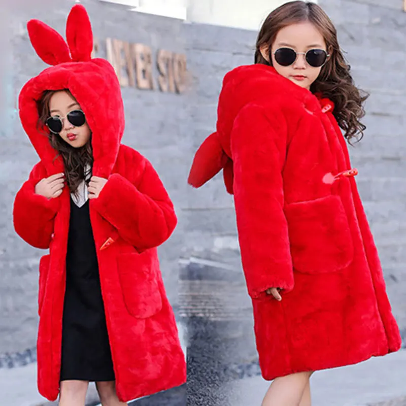 

Children Faux Fur Hooded Jacket Big Ear Rabbit Designer Coat Cute Princess Casual Winter Coats Size 80-160 Baby or Kids Teenage