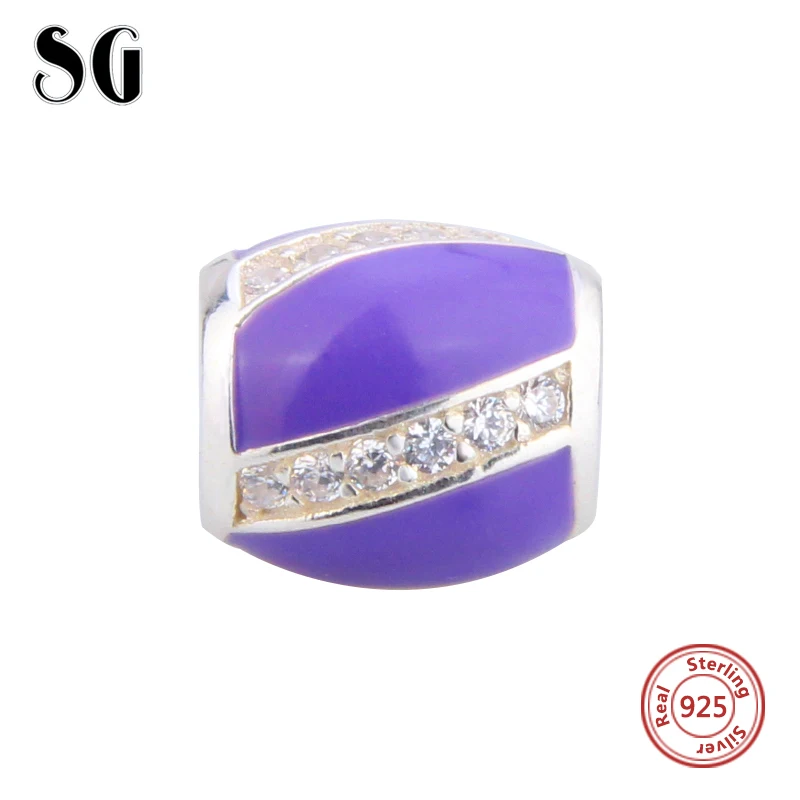 

SG 925 Sterling Silver Charms beads with Cubic Zirconia&purple enamel Fit Original European Bracelets diy Jewelry factory supply