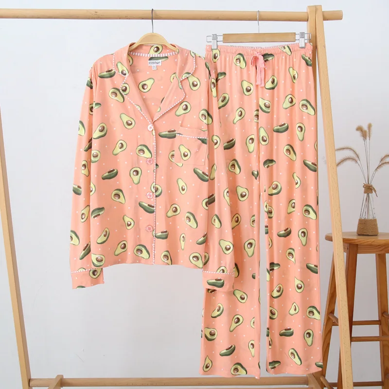 Весенние пижамы с принтом авокадо, свободные пижамы с отворотом и длинным рукавом, домашняя одежда для женщин, пижамы из хлопка и модала, пижамный комплект, домашняя одежда