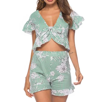 

Bohemian Two Piece Set 2019 Summer Women Crop Tops High Waist Shorts 2pcs Ruffles Bow Outfits Ladies Green Female Clothes Sets
