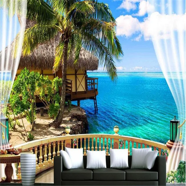 Large Wall Mural Wallpaper Hd Balcony Window Beach Sea Hut Large Wall Mural Wallpaper Hd Balcony Window Beach Sea Hut Holiday Backdrop Custom Silk Photo