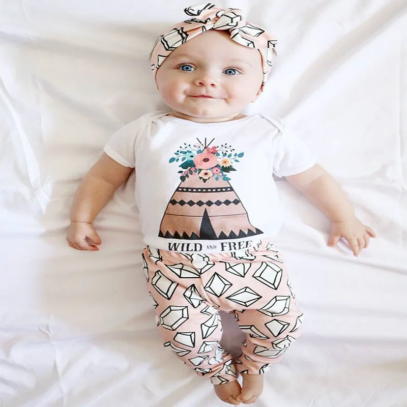

2019 Kids Baby Girls summer clothes set 2pcs suit Flowers pattern T shirt + pants 2 pcs newborn clothes children's clothing sets