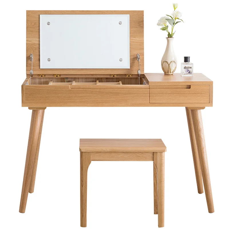 

Nordic dressing table white oak solid wood with mirror multi-functional dressing table accommodate desk computer learning table