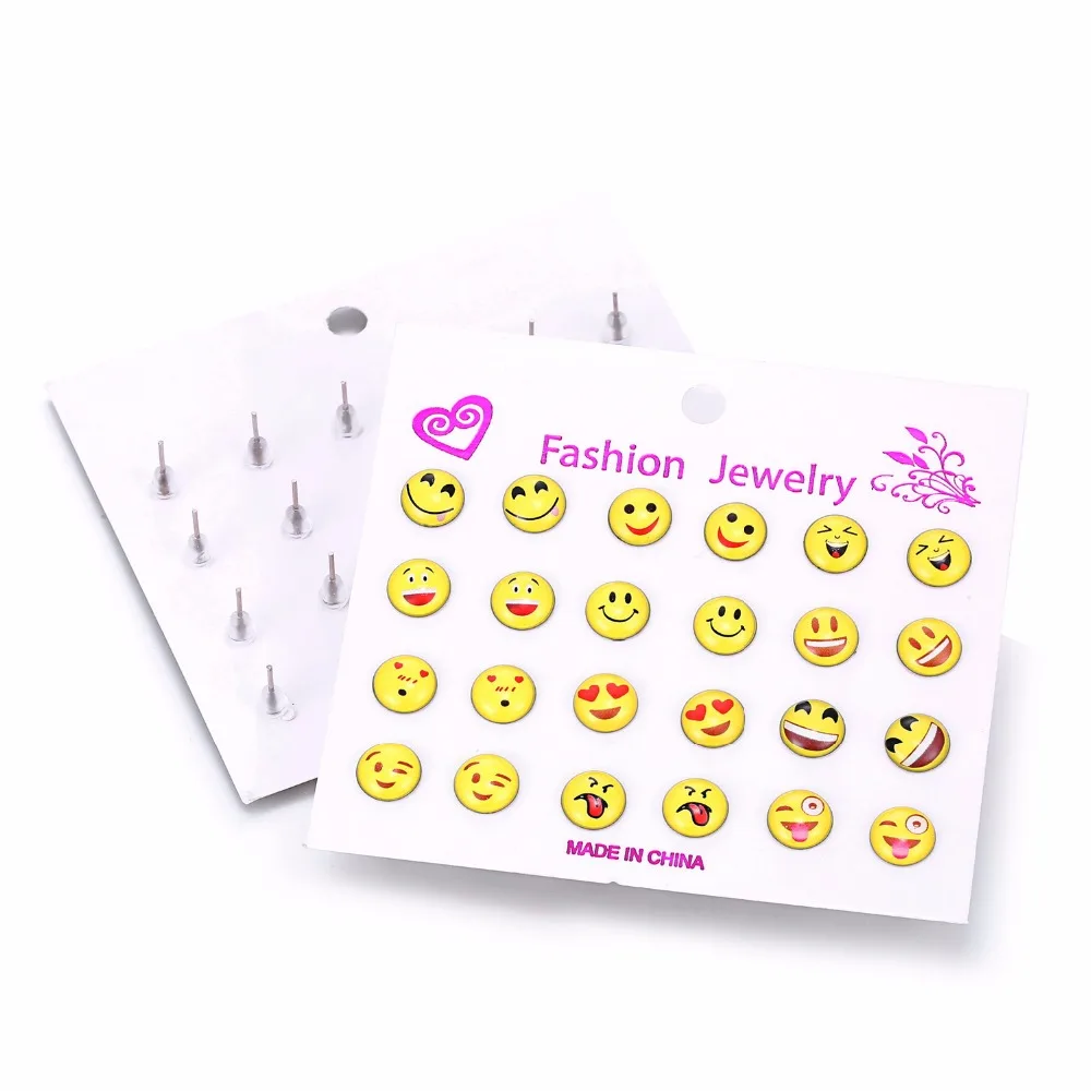 12 زوج/مجموعة جولة الأصفر سعيد الوجه الرموز التعبيرية طقم من الحلقان لطيف مضحك أقراط مبتسم أقراط عيد الميلاد الأقراط مجموعات مجوهرات