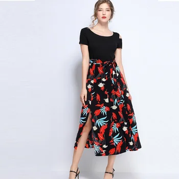

2019 Summer Ladies long Floral Dress Elegant printed patchwork longos Vestidos split end Casual Bohemian beach dresses L-XXXXXL