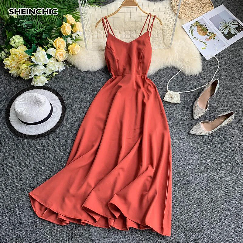 

Summer 2019 Vintage Vacation Beach Midi Dress Sexy V Neck Backless Spaghetti Strap Dress Female Sleeveless Verano Vestidos