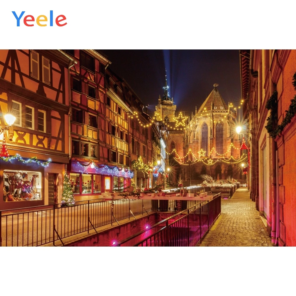 

Yeele Christmas Night Lattice Street Light Buildings Photography Backgrounds Customized Photographic Backdrops for Photo Studio