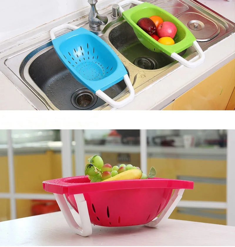 1PC Kitchen Colander Vegetable Fruit Strainer Extendable Handles Over