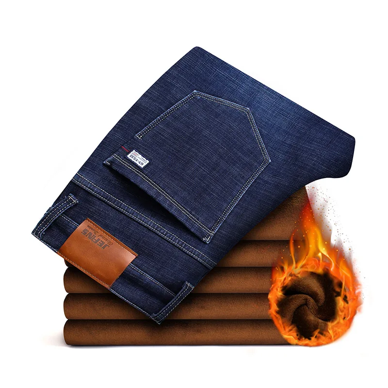 Зимние мужские теплые джинсы классические плотные джинсовые эластичные облегающие черные джинсы брюки мужские Брендовые повседневные деловые синие черные брюки - Цвет: blue