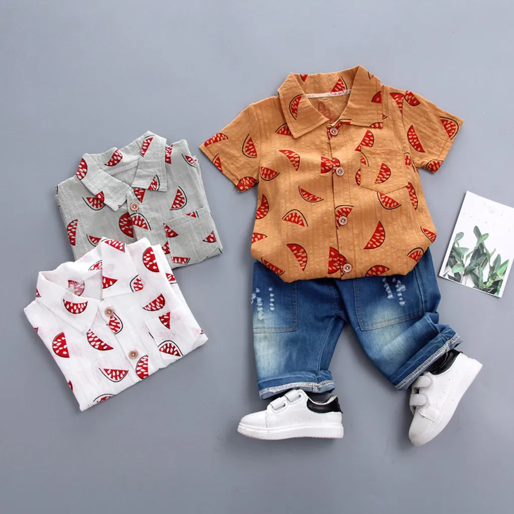 

Toddler Baby Boy Gentleman Watermelon Short Sleeve Shirt Denim Shorts Chlidren Set Clothes Childrens W520