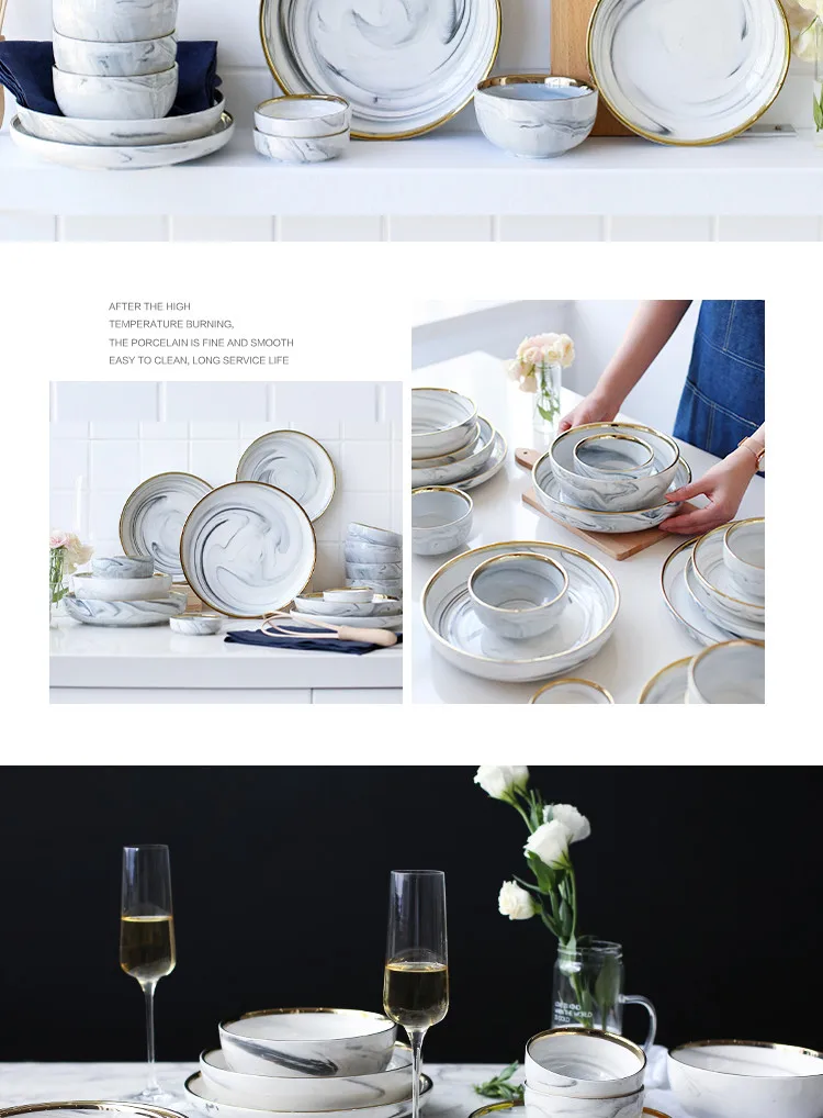 Nordic Style Golden Inlay Ceramic Marble Household 20 Pieces 6 Person Use set Ceramic Tableware Set