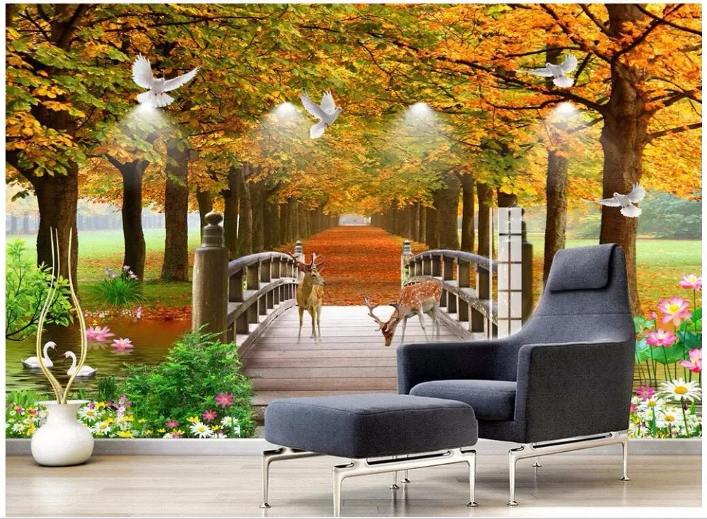 

custom photo 3d wallpaper Golden trees in autumn golden avenue forest landscape room 3d wall murals wallpaper for walls 3 d
