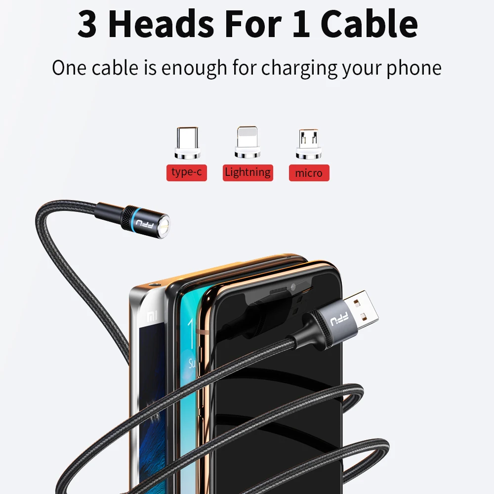 FPU Магнитный кабель 3A Быстрая зарядка для iPhone Micro usb type C кабель Магнитный адаптер для зарядного устройства USBC Microusb Кабели для мобильных телефонов