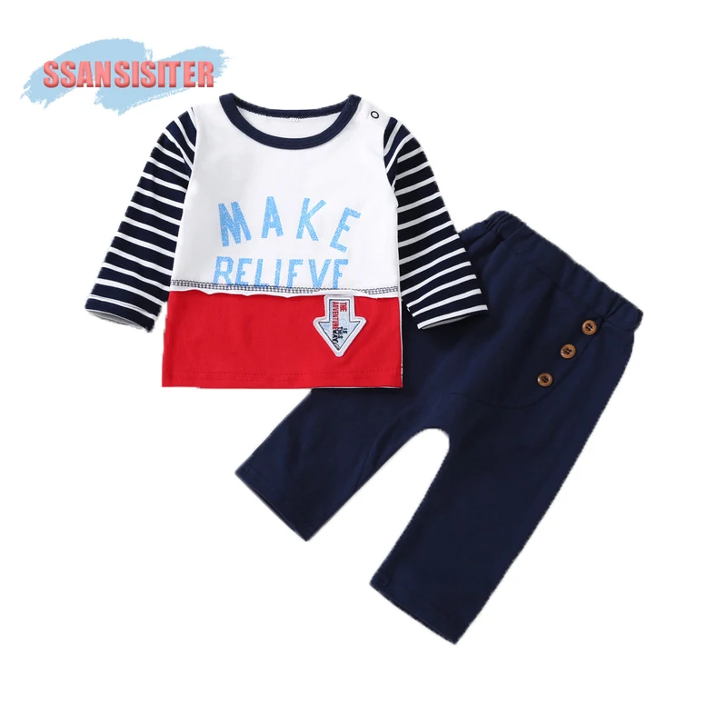 2PCS Baby Boys Clothes Newborn Infant Baby Boys Letter T shirt Cotton Long Sleeve Tops+Pants