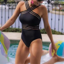 Bañador de una pieza para mujer, ropa de baño Sexy, en la espalda con cuello cruzado Monokini, color negro, 2019