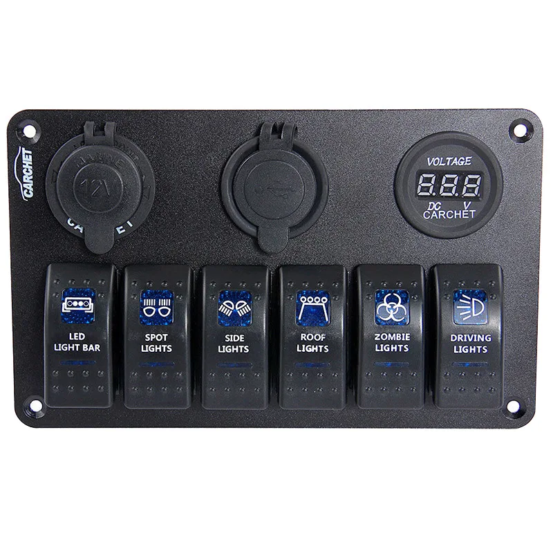 

6 Gang Blue LED Car Boat Marine Rocker Switch Panel 2 USB Socket Circuit Breaker 2017 Hot