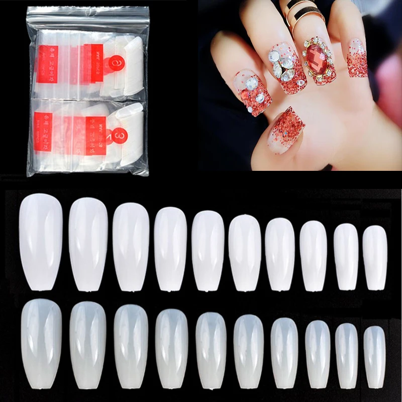

500pcs/Bag Ballerina Fake Nails White Transparent Natural Coffin Shape Full Cover Flat Shape Nail Art Tips French False Nails