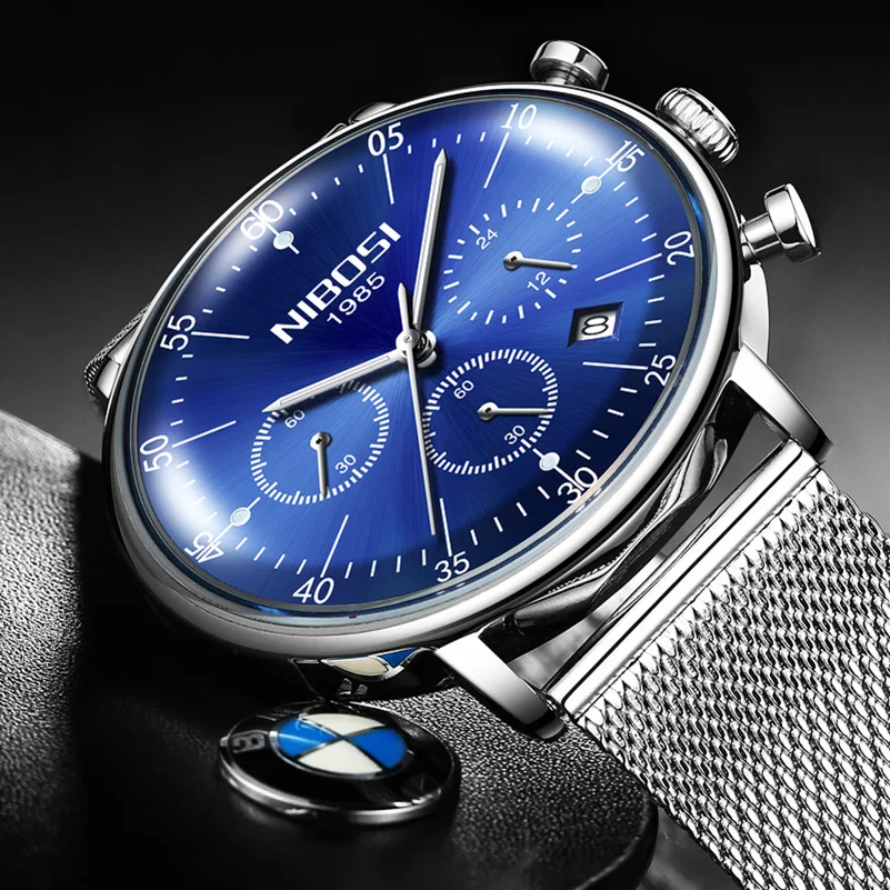 

NIBOSI Chronograph Date Watch Men Military Sport Male Clock Steel Band Mens Watches Business Quartz Clocks