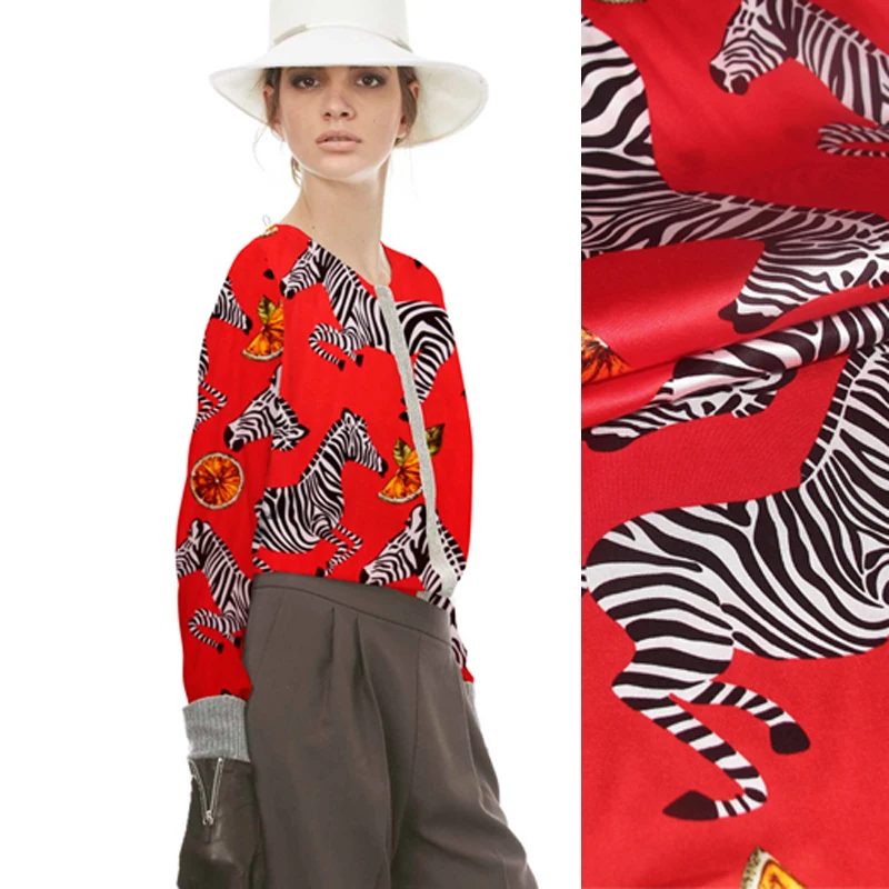 105 см шириной 20 мм лимона и Зебра печати Красный 95% шелк 5% лайкра стрейч шелковой атласной ткани для блузка платье Cheongsam C004