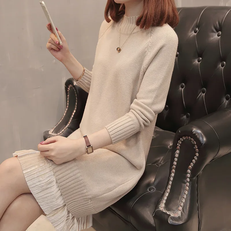 

Women's Knit Dress 2019 Autumn/Winter Loose Medium Long Sweater Half-Neck Collar Pullover Sweater Wild Dress