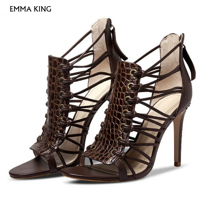 

Dark Brown/Black Strappy Sandals Open Toe Alligator Print Stiletto Heels Cocktail &Party Sandalias Mujer Plus Size Shoes Woman