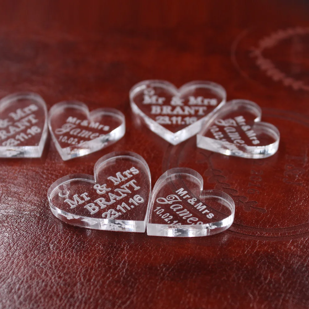 50 pcs Customized crystal Heart Personalized MR MRS Love Heart Wedding souvenirs Table Decoration Centerpieces Favors