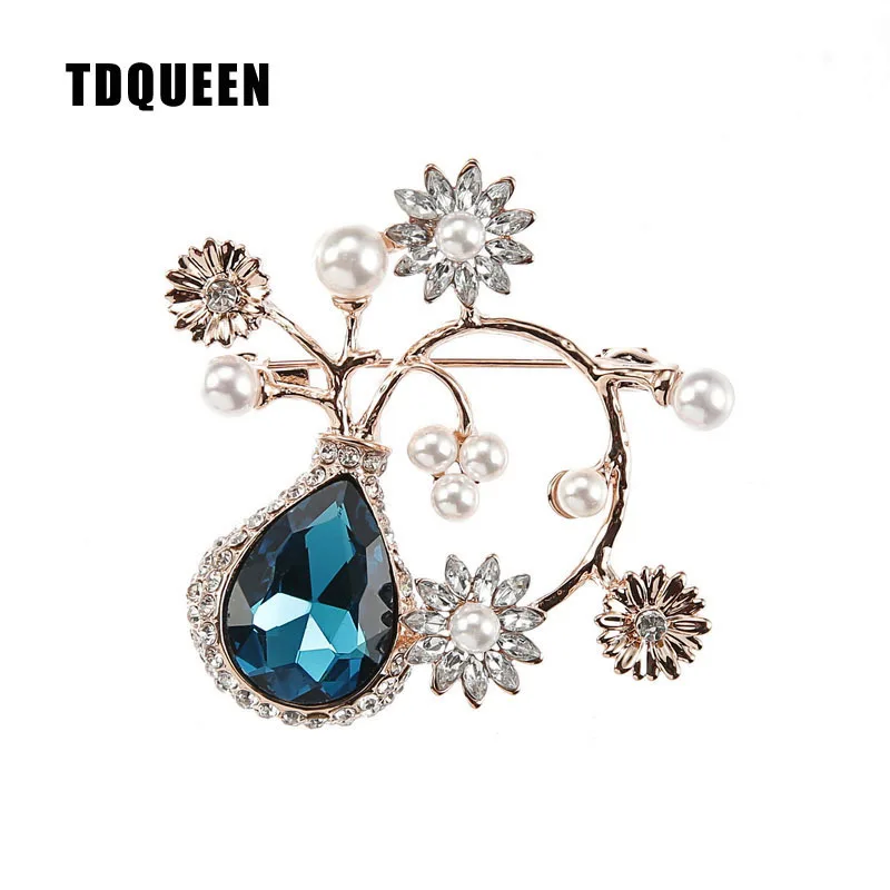 TDQUEEN Crystal Flower Brooches and Pins for Women Silver Plated Metal Big Waterdrop Crystal Pearl Brooch for Wedding Invitation (2)