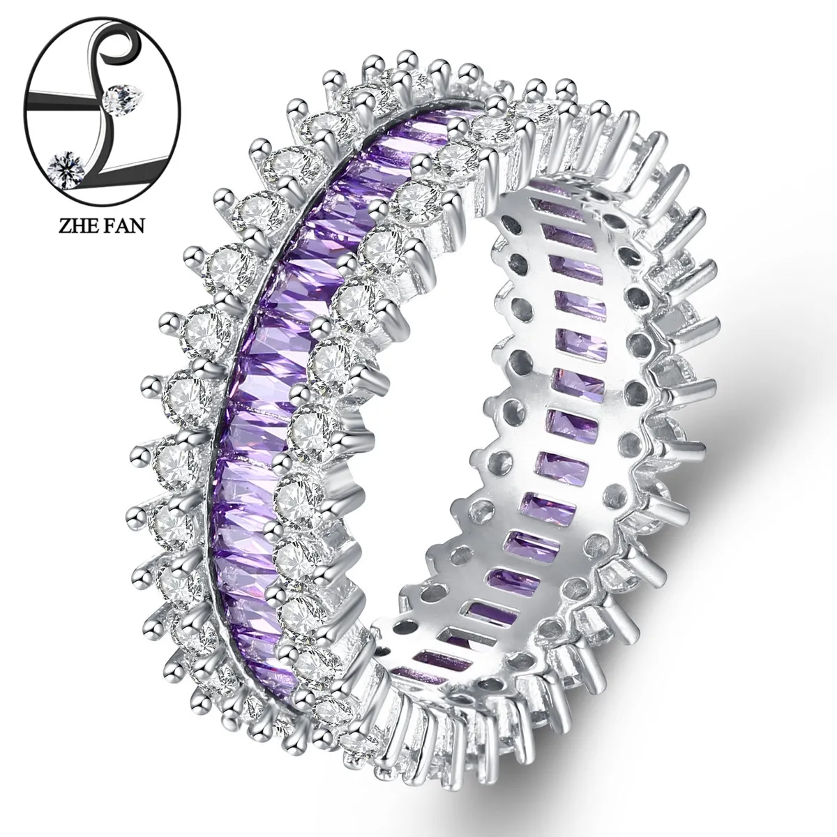 

ZHE FAN Purple White AAA CZ Jewelry Ring Luxury Geometric Cubic Zirconia Rhodium Plating For Engagement Wedding Gift Size 6-10