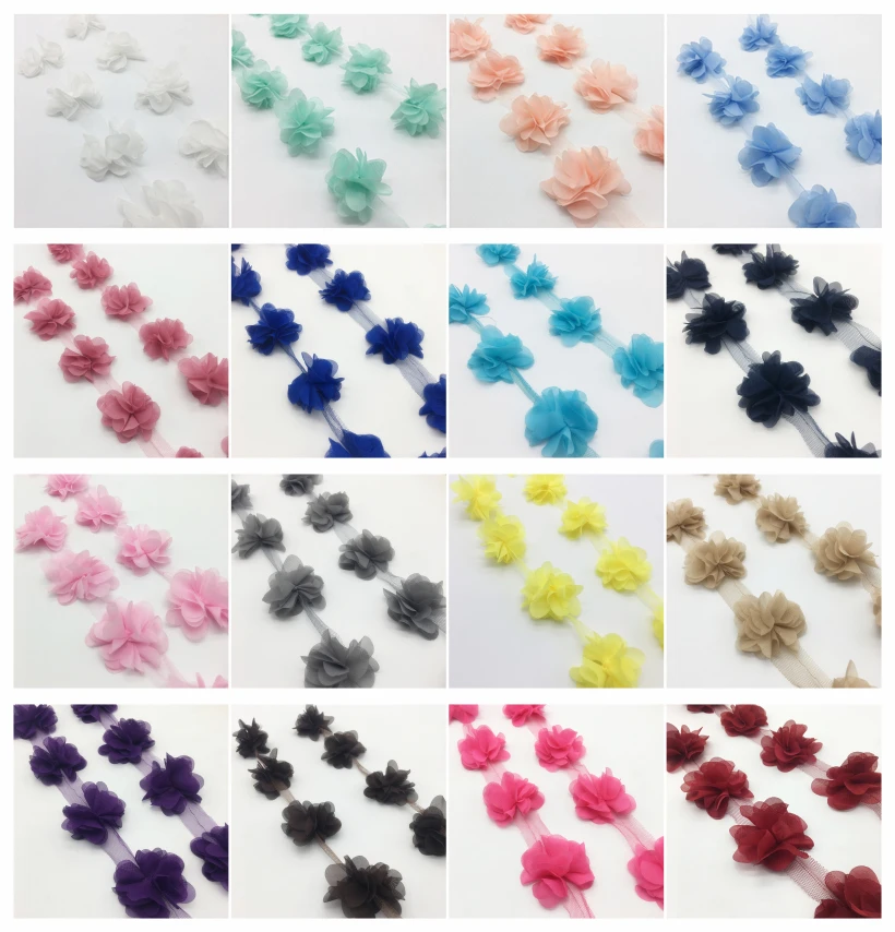 Lace Sewing Supplies (1Yard 13pcs) 3D Chiffon Cluster Flowers Wedding Dress Bridal Fabric Lace Trim Fabric DIY Applique Trimming
